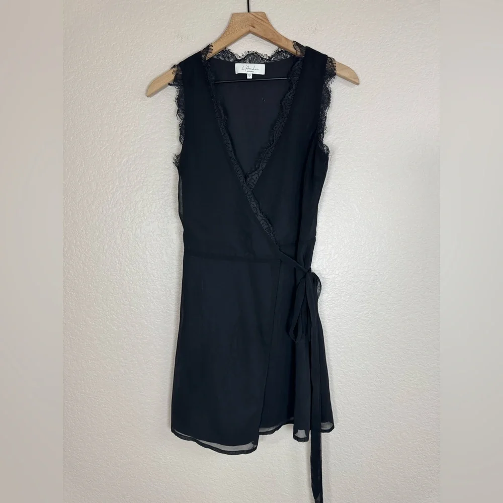 L’Academie Jade Wrap Lace Edge Mini Black Dress Revolve size XS $200